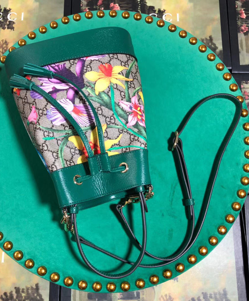 gucci ophidia gg flora pattern small bucket bag in yellow