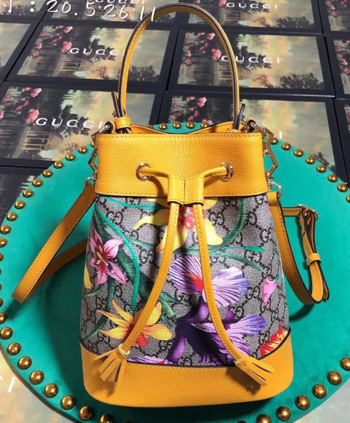 Gucci Ophidia GG Flora small bucket bag Yellow - Replica Bags and Shoes ...