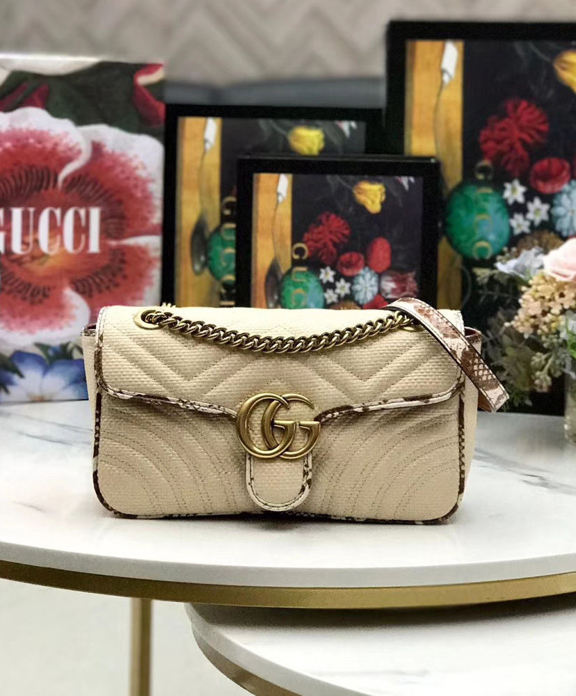 Gucci Online Exclusive GG Marmont raffia small shoulder bag Coffee