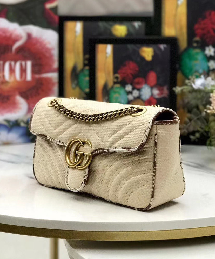 Gucci Online Exclusive GG Marmont raffia small shoulder bag Coffee - Image 5