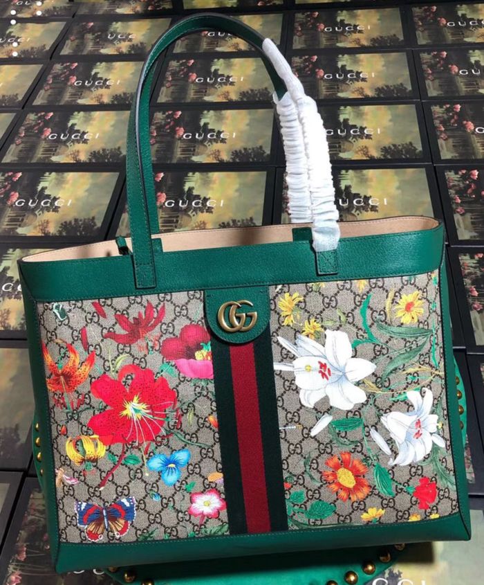 Gucci Ophidia GG Flora medium tote Green - Replica Bags and Shoes ...