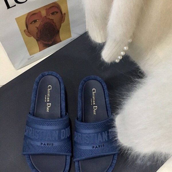 Christian Dior Women's Dway Slide In Embroidered Cotton Blue