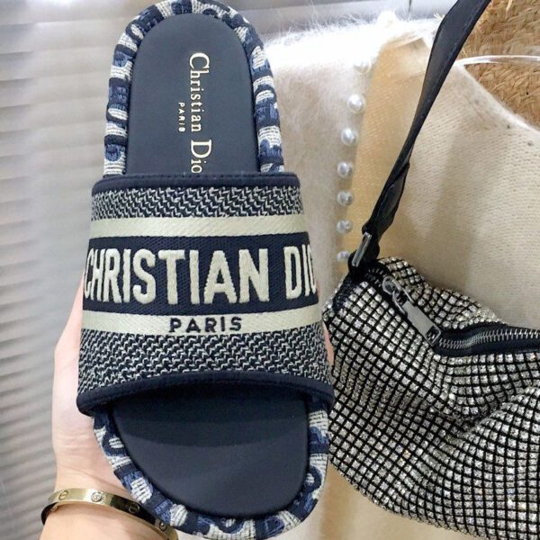 Christian Dior Women's Dway Slide In Embroidered Cotton Dark Blue