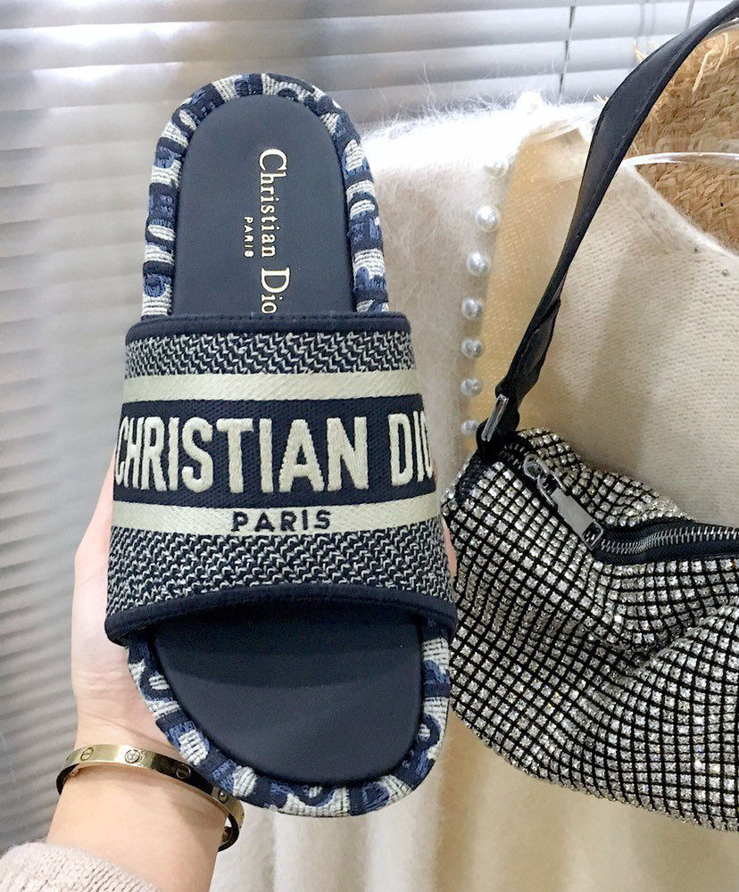 Christian Dior Women’s Dway Slide In Embroidered Cotton Dark Blue ...