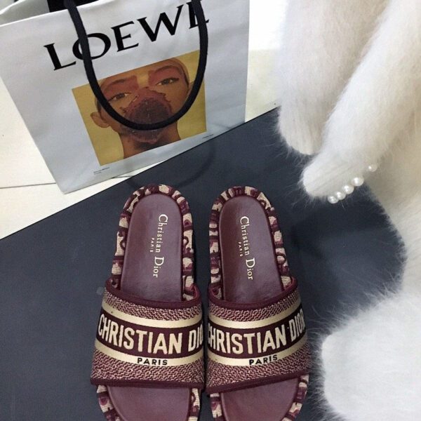 Christian Dior Women's Dway Slide In Embroidered Cotton Dark Red