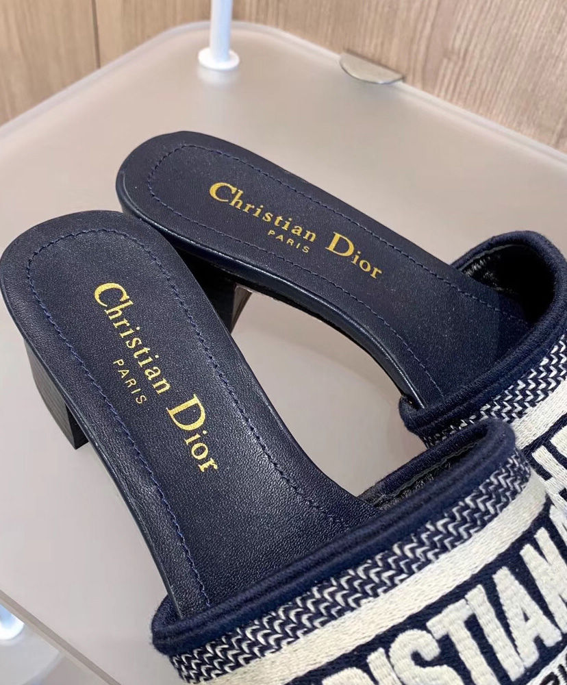 ChristIan Dior Dway Mule In Embroidered Cotton Dark Blue - AlimorLuxury