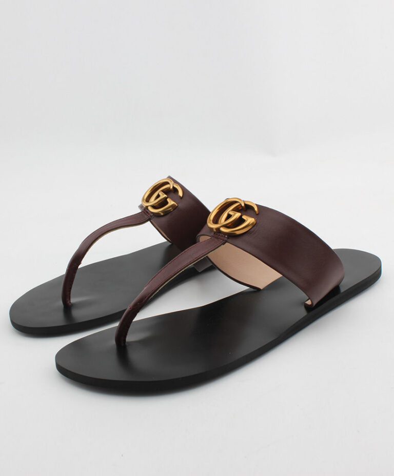 Gucci Unisex Leather thong sandal with Double G 497444 Mauve - AlimorLuxury