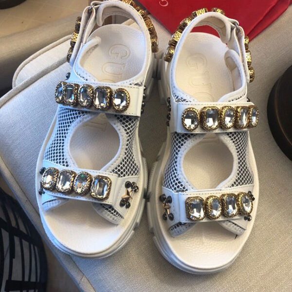 Gucci Women's Leather And Mesh Sandal With Crystals 557471 White