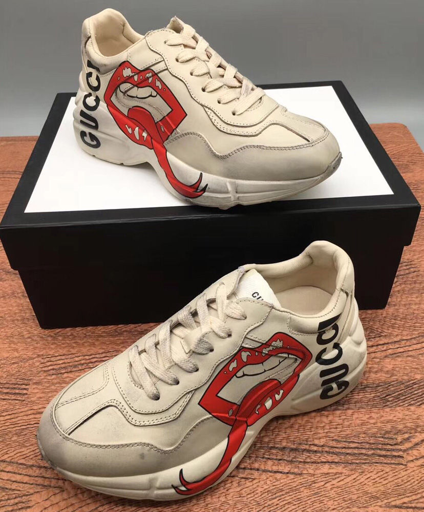 Gucci Unisex Rhyton sneaker with mouth print 552093 Cream - AlimorLuxury