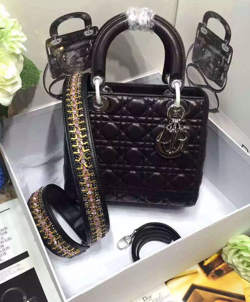 Christian Dior Lady Dior Mini Classic Tote Bag With Lambskin Black - Image 6