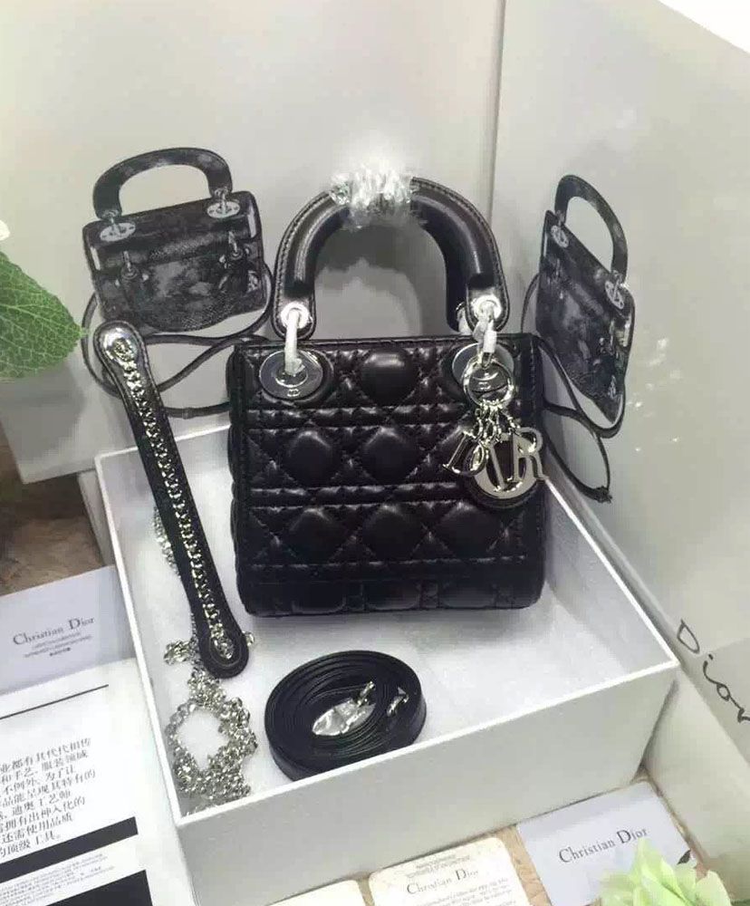 Christian Dior Lady Dior Mini Classic Tote Bag With Lambskin Black - Image 5