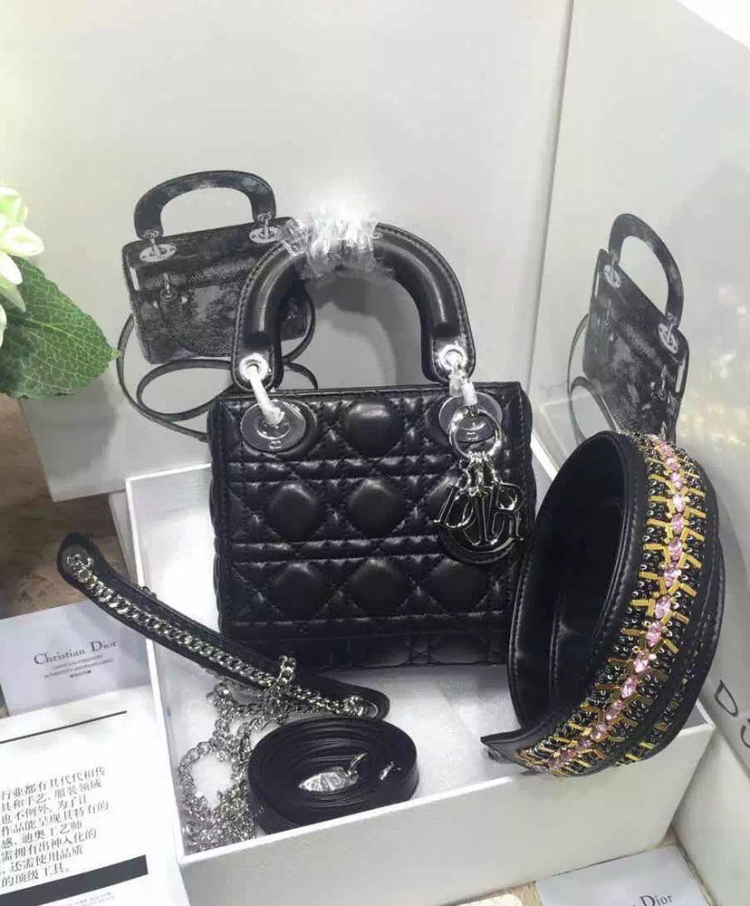 Christian Dior Lady Dior Mini Classic Tote Bag With Lambskin Black - Image 4