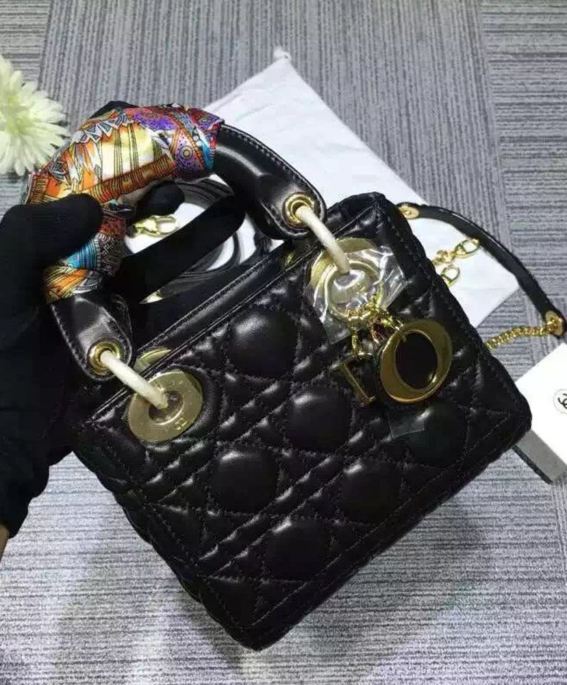 Christian Dior Lady Dior Mini Classic Tote Bag With Lambskin