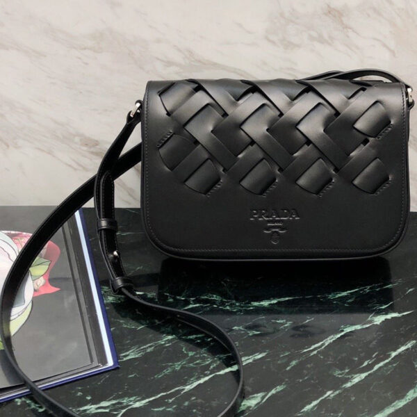 Prada Leather shoulder bag with large woven motif Black