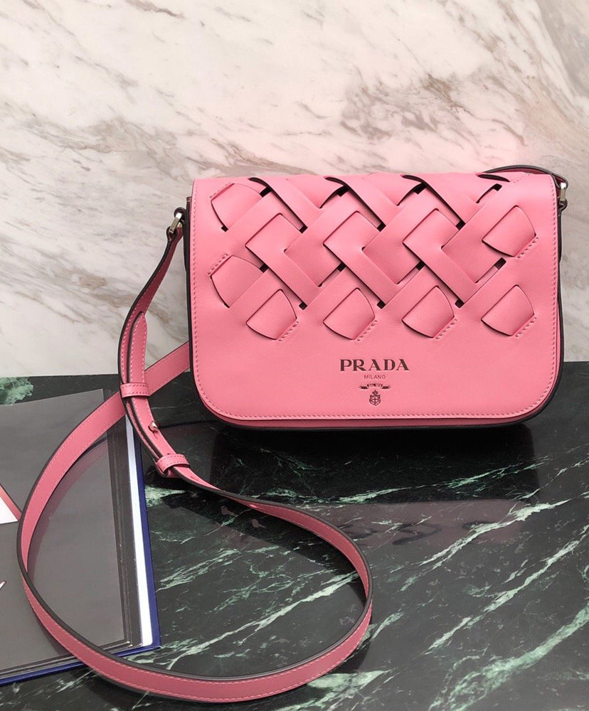 Prada Leather shoulder bag with large woven motif Pink Replica Bags