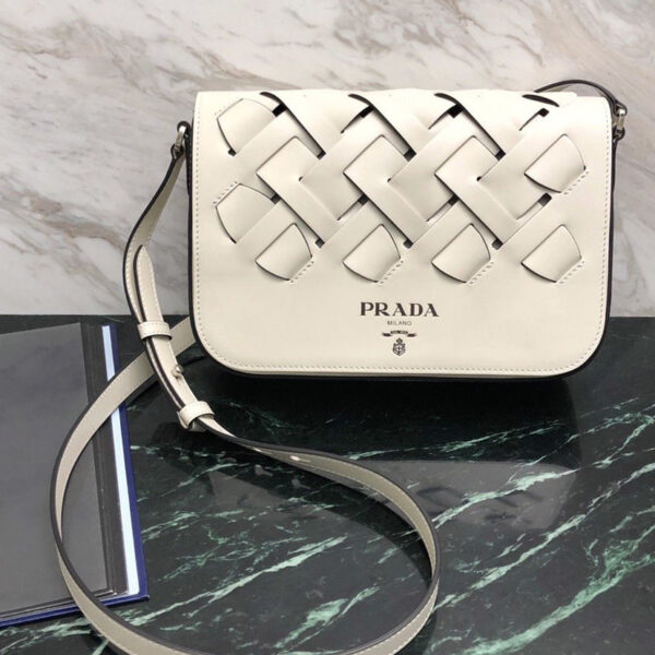 Prada Leather shoulder bag with large woven motif White