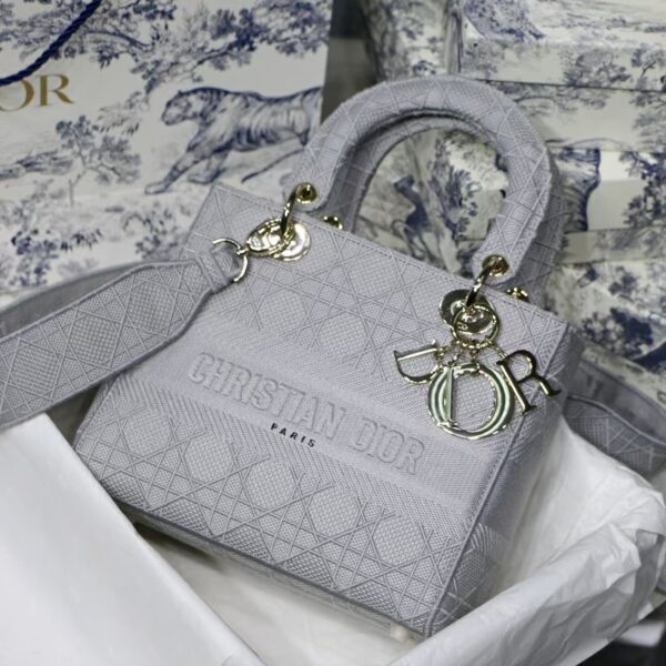 Dior Medium Lady D-LITE Gray Cannage Embroidery