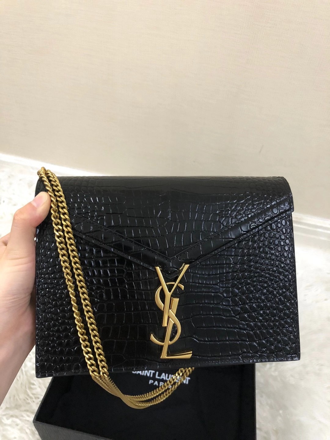 BLACK YSL CASSANDRA BAG CROCODILEEMBOSSED SHINY LEATHER AlimorLuxury