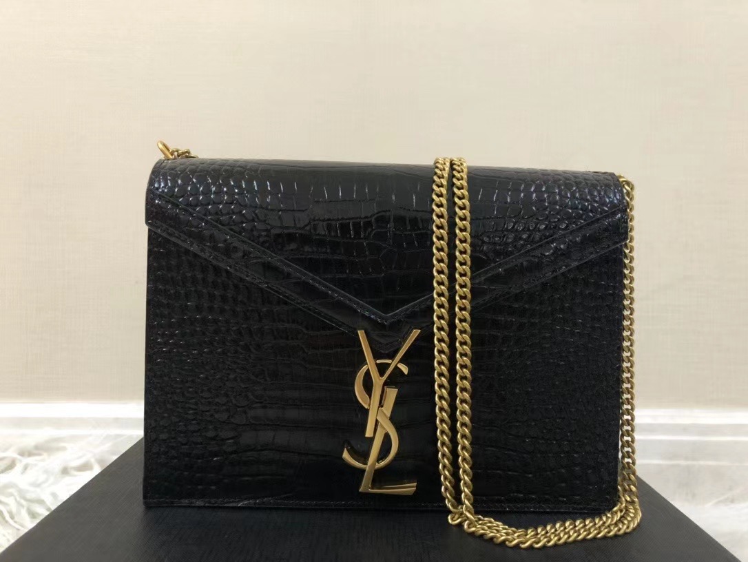 BLACK YSL CASSANDRA BAG CROCODILEEMBOSSED SHINY LEATHER AlimorLuxury