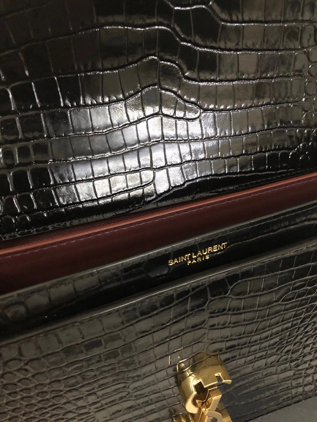 BLACK YSL CASSANDRA BAG CROCODILEEMBOSSED SHINY LEATHER AlimorLuxury