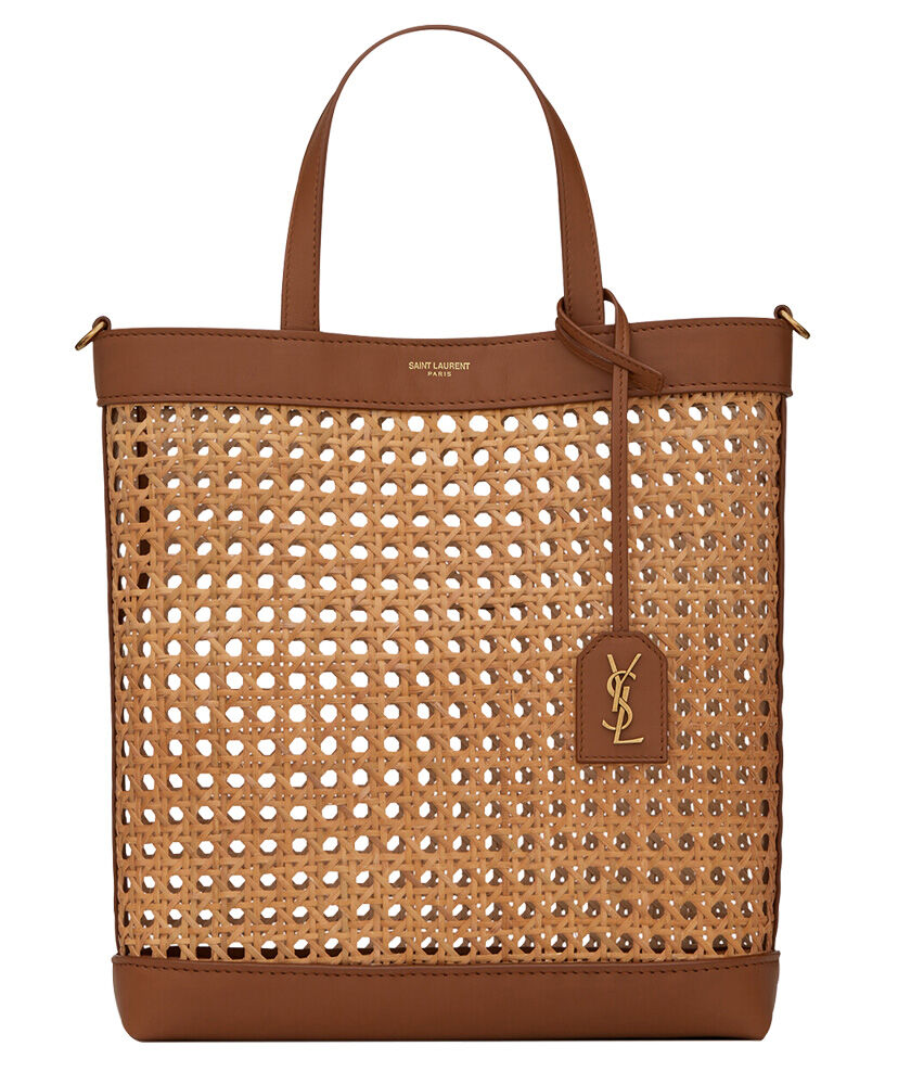 Saint Laurent N/S Toy Shopping Bag In Woven Cane And Leather Coffee