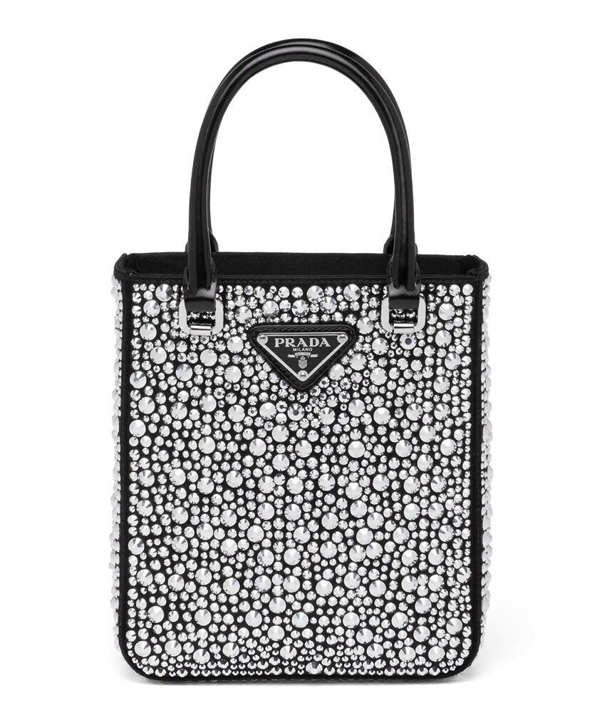Prada Small crystal-studded satin tote bag 1BA331 Black - Replica Bags