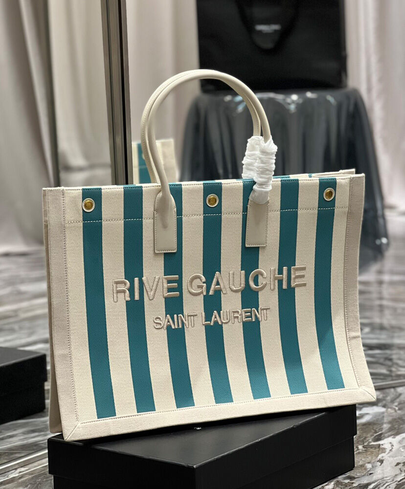 Saint Laurent Rive Gauche Tote Bag In Striped Canvas And Smooth Leather