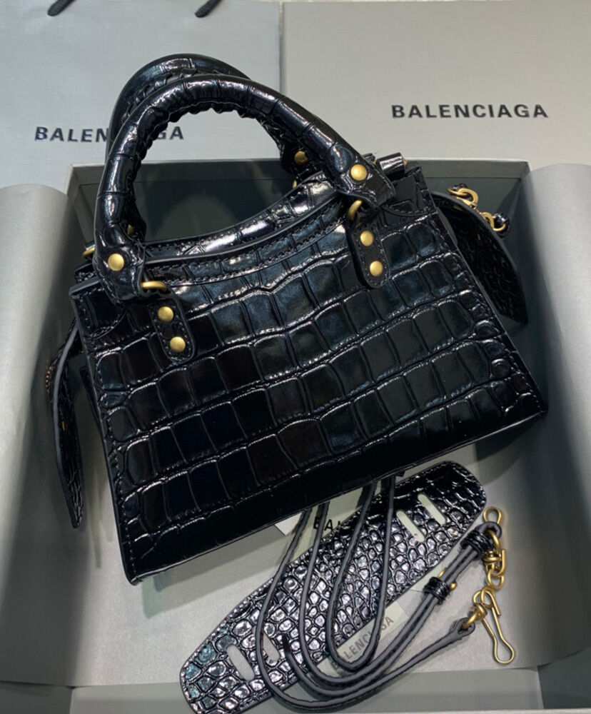 Balenciaga Neo Classic Handbag Crocodile Embossed Black - Replica Bags ...