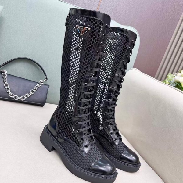 Prada Black Brushed-leather Mesh Boots