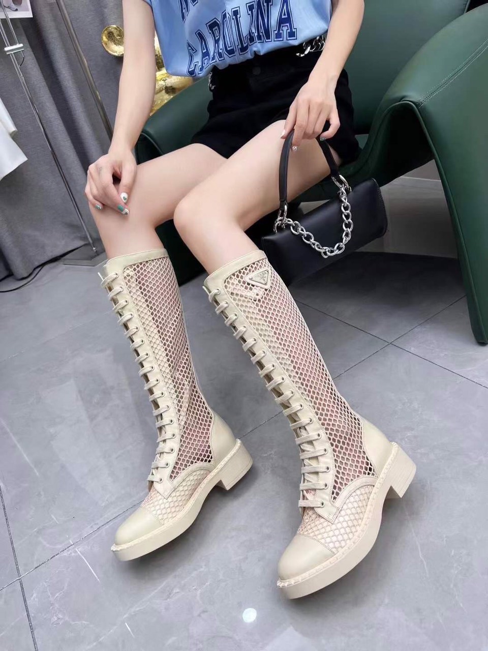 Prada Cream Brushed-leather Mesh Boots - Image 9