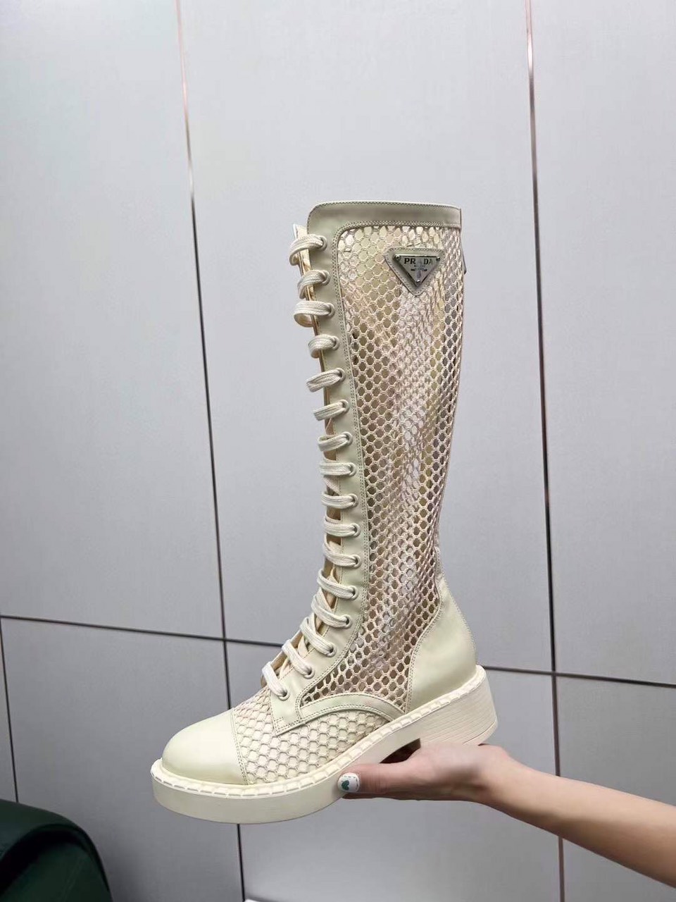 Prada Cream Brushed-leather Mesh Boots - Image 2