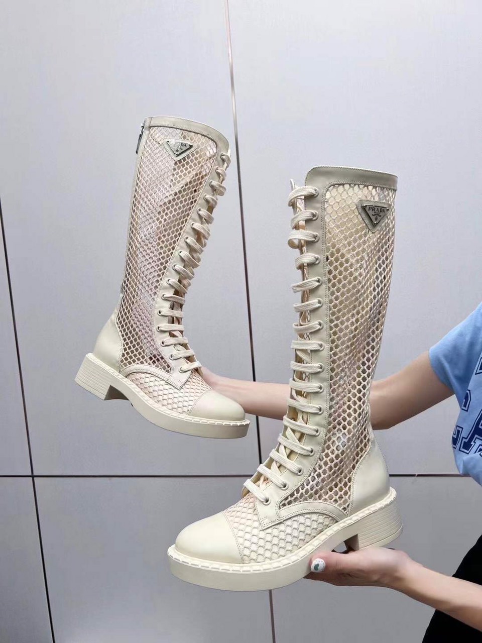 Prada Cream Brushed-leather Mesh Boots - Image 4