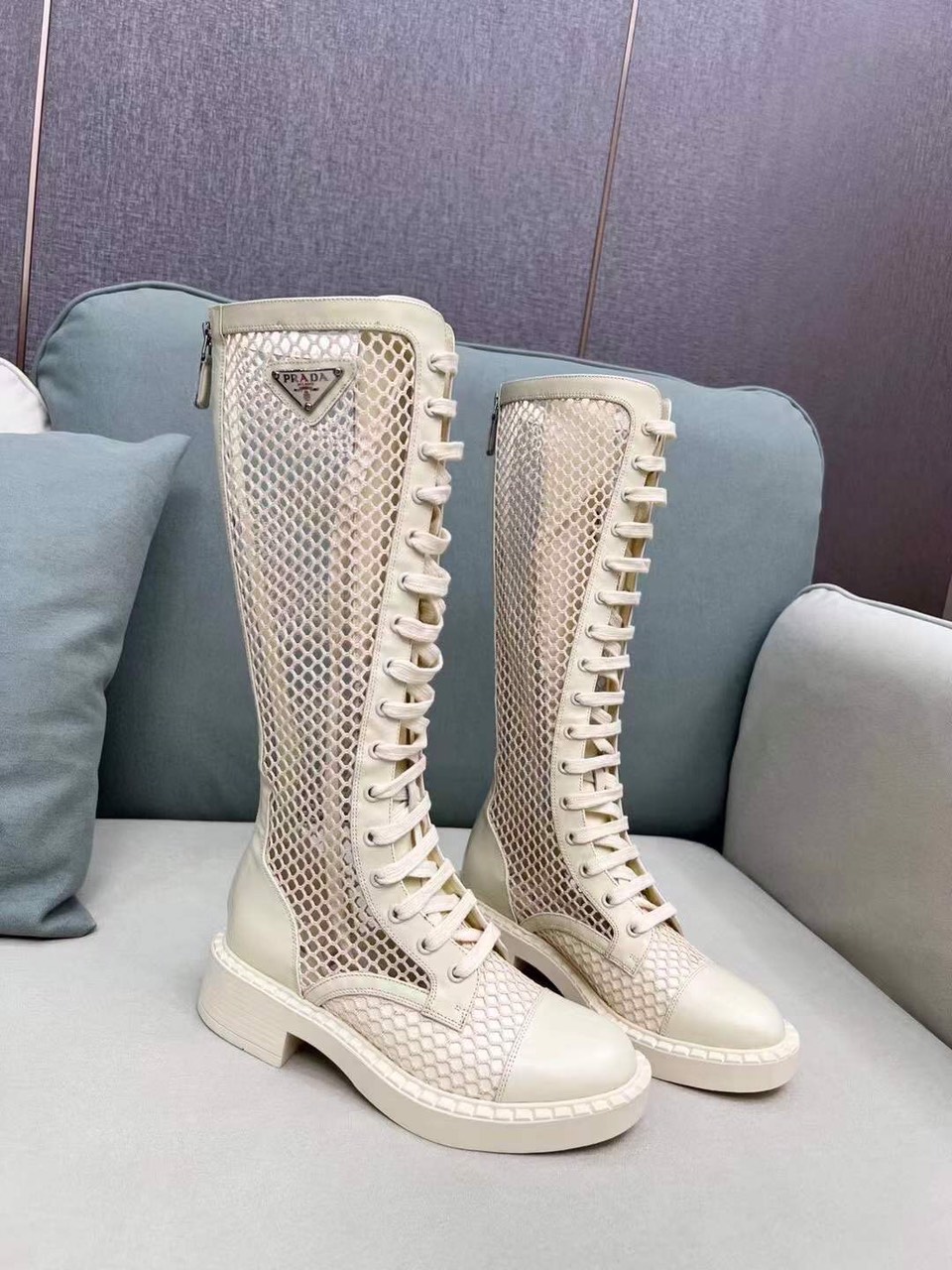 Prada Cream Brushed-leather Mesh Boots - Image 5