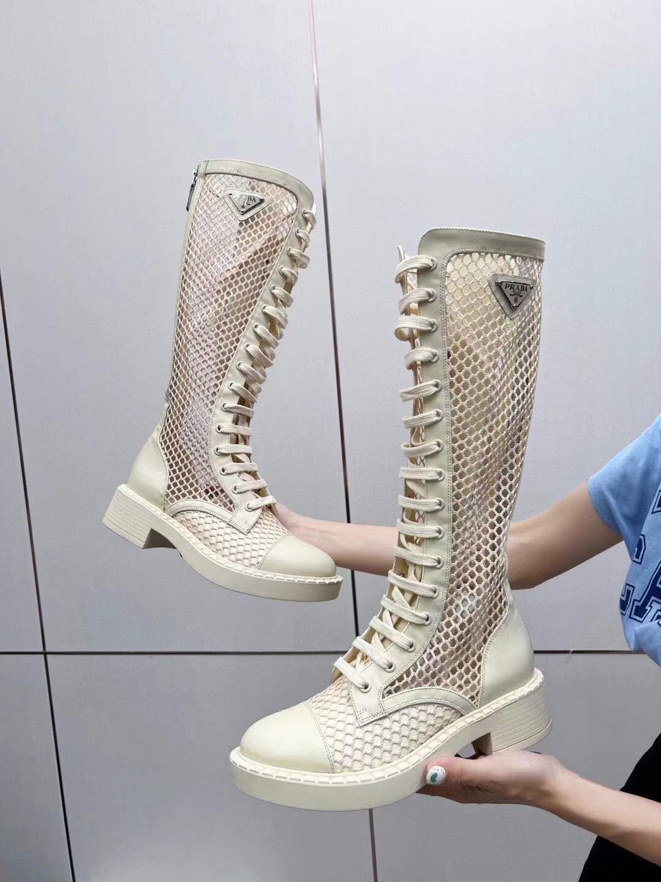 Prada Cream Brushed-leather Mesh Boots - Image 6