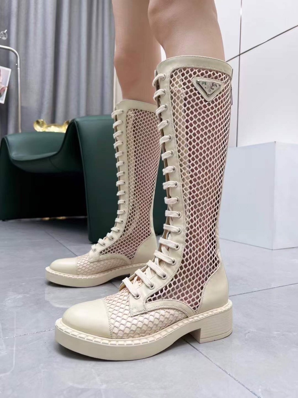 Prada Cream Brushed-leather Mesh Boots - Image 7