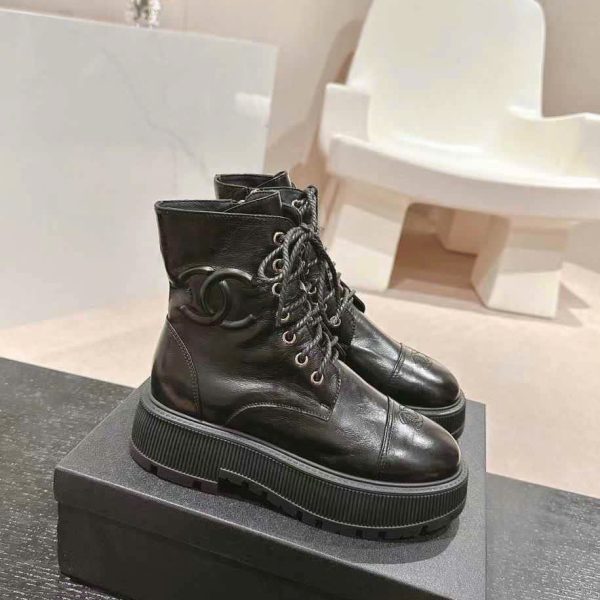 Chanel Leather Lace Up Ankle Boots