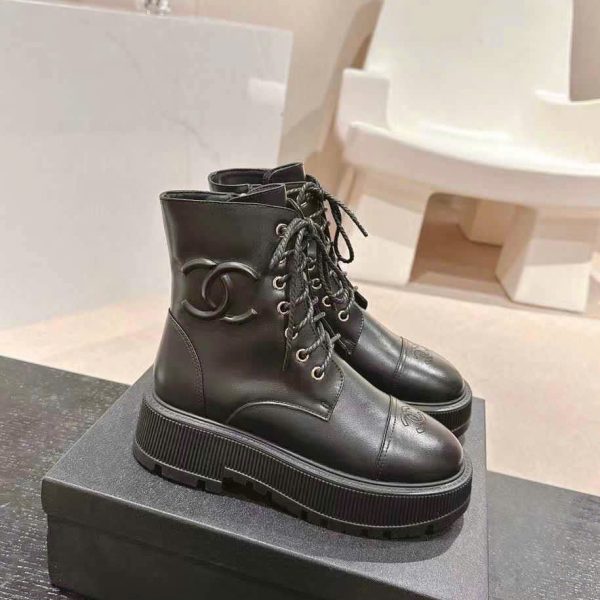 Chanel Leather Lace Up Ankle Boots