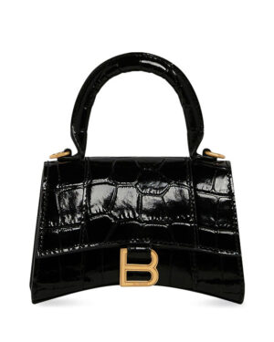 Balenciaga Hourglass Mini Handbag With Chain Crocodile Embossed Black