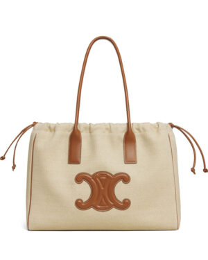 Celine Cabas Drawstring Cuir Triomphe In Textile And Calfskin Cream