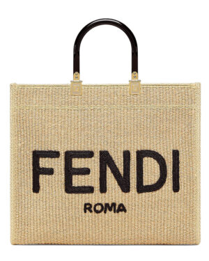 Fendi Medium Embroidered Straw Tote Bag Apricot