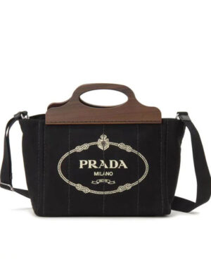 Prada Wooden Handle Canvas Tote Bag Black