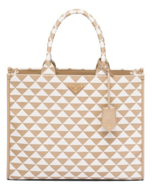 Prada Large Prada Symbole Embroidered Fabric Handbag 1BA356 Cream