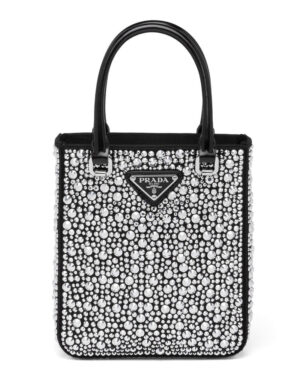 Prada Small crystal-studded satin tote bag 1BA331 Black