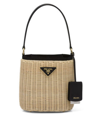Prada Wicker And Canvas Bucket Bag 1BE062 Black