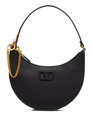 Valentino Logo Signature Mini Hobo Bag In Shiny Calfskin Black