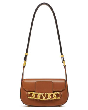 Valentino Vlogo Chain Small Laminated Nappa Shoulder Bag Coffee