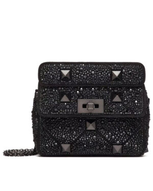 Valentino Small Roman Stud The Shoulder Bag And Chain With Sparkling Embroidery Black