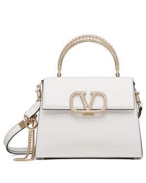 Valentino Small Vsling Calfskin Handbag With Jewel Handle Cream