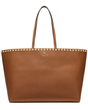 Valentino Large Calfskin Leather Rockstud Shopping Bag Coffee