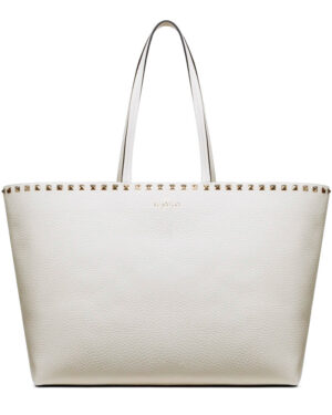 Valentino Large Calfskin Leather Rockstud Shopping Bag Cream
